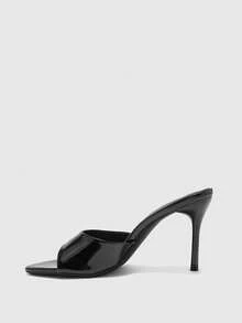 CUCCOO BIZCHIC Black Patent Leather Pointed Toe Stiletto Heel Casual Slip-On Sandals, Fashionable Open Toe High Heels For Women Valentine's Day - Black - View 4
