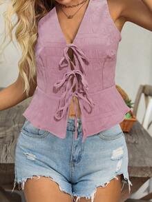 Breezaya 女士纯色休闲前系带吊带背心 - 粉色 - 查看 5