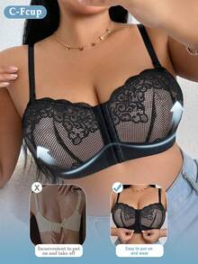 DesireSculpt 1pc Plus Size Black Wireless Lace Front Closure Supportive Bra - Black - View 6