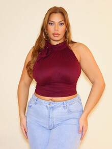 MelDlgn 大码高领蝴蝶结褶皱酒红色衬衫 - 酒紅色 - 查看 3