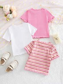 SHEIN 3件套女童可爱罗纹荷叶边蝴蝶结印花圆领上衣 - 彩色 - 查看 2