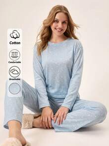 Loomlin Cottonline 女士两件套星星图案家居服可爱睡衣套装 - 薄荷藍 - 查看 1