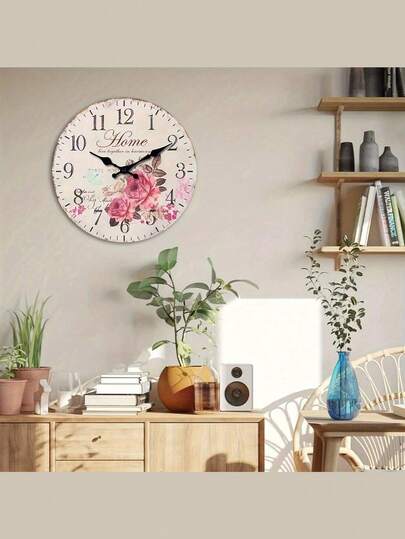 10/12/14/16 INch Vintage Rustic Beautiful Pink Rose Flower Butterfly Wooden Wall Clock Silent Non-Ticking, Decor For Living Room, Kitchen, Bedroom, Office, Outdoor Garden Party, Gifts Without Battery,Home Decor ,Room Decor Birthday Graduation Clock Wall Bedroom Decor Dormitory Decor Back To School