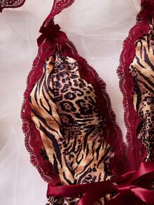 2pcs Lace Contrast Mesh Sexy Nightgown Set (Halter Neck + Sexy + Animal Print + Panty) - Multicolor - View 4