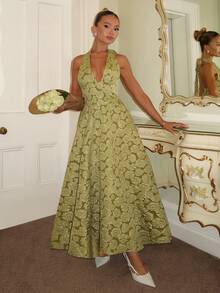 吊带女式连衣裙，提花面料A字连衣裙，露背吊带女式连衣裙 - 綠色 - 查看 6