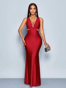 SOLERSUN Đầm maxi dáng đuôi cá ôm sát, màu trơn, cổ chữ V sâu, hở lưng, dành cho nữ, dáng người nhỏ nhắn, chất liệu satin màu đỏ tía, cổ chữ V sâu, khoét eo, thích hợp cho tiệc tối và dạ hội. - Màu Đỏ Sâu - Xem 3
