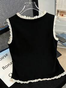 GlowEve Women's Fashionable & Elegant Lace Patchwork Button Camisole - Black - View 2