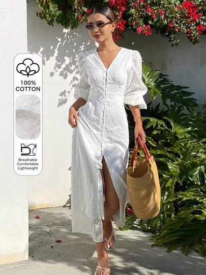 DAZY V-Neck Lace Puff Sleeve Midi Dress For Women Vacation