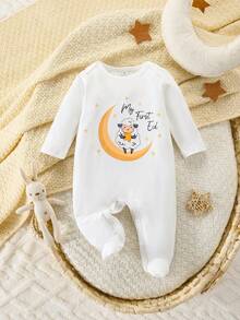 SHEIN Newborn Baby Pajamas- Sheep Graphic Round Neck Long Sleeve Footed Jumpsuit Envelope Shoulders Snap Closure Newborn Outfit Holiday Keepsake Four Seasons 2026 Must Have Gift Nursery Photo Prop - White - View 3