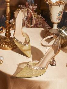 CUCCOO TILAWA Giày cao gót mũi nhọn khoét lỗ màu vàng hồng lấp lánh đính đá, thích hợp cho mùa xuân và mùa thu. - Vàng vàng - Xem 1