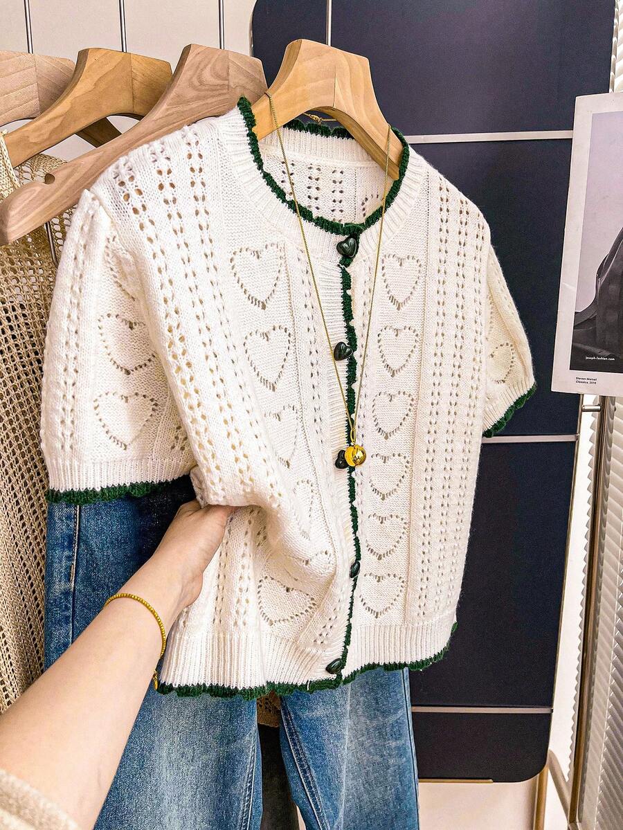 Franclia Áo len nữ màu be dáng rộng, cổ tròn, tay ngắn, họa tiết trái tim khoét rỗng, viền tương phản, thích hợp cho mùa xuân/hè. - Màu be - Xem 1