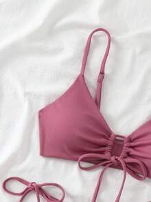 Swim Basics Bộ bikini mùa hè dành cho nữ, màu trơn, buộc dây bên hông, gợi cảm, không gọng. - Hồng - Xem 5