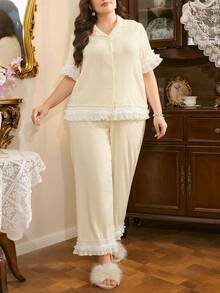 Côtesoire Plus Size Elegant Lace Contrast Color Cardigan Pajama Set - Apricot - View 5