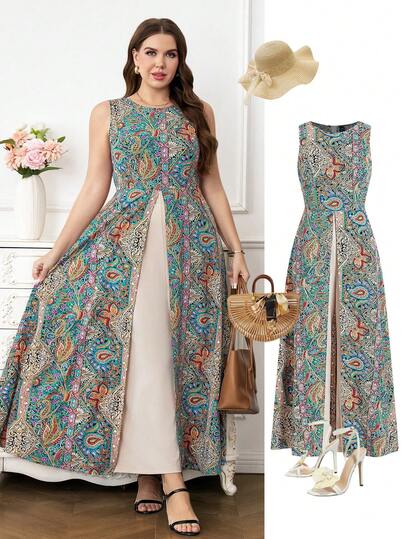 Ellevyn ملابس نسائية ذات مقاسات كبيرة، بدلة رومانسية مطبوعة بالأزهار بطراز لف، رقبة دائرية، مناسبة لعيد الحب، ملابس عيد الحب للنساء، عطلة صيفية، ملابس شاطئ، ملابس عيد ميلاد، ملابس بوهيمية، فستان بوهيمي طويل للنساء، ملابس أسلوب البحر الأبيض المتوسط، ملابس صيفية، ملابس عطلة ربيعية، طباعة الباييت