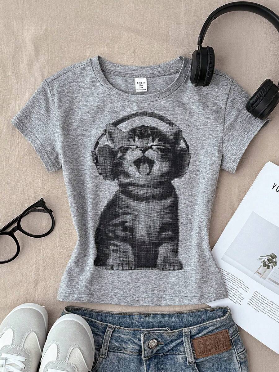 Áo thun nữ tuổi teen màu trắng dệt kim, kiểu dáng thường ngày, tay ngắn, cổ tròn, in hình mèo dễ thương, thích hợp mặc ở nhà, đi mua sắm, ăn trưa, dự tiệc. - Xám - Xem 1