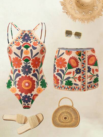 Swim Oasis 26SS Elegant BOHO Multicolor One-Piece Swimsuit With Matching Skirt, Suitable For Beach & Resort Vacation, Spring/Summer,2026 New Women's Swimwear ArrivalFor School,Suitable For Holiday, Date, Afternoon Tea, Western, Cruise, Beach, Island, Road Trip, All Seasons, Music Festival, Boho Vacation,Bohemian Vacation, Chill Autumn ,Western Boho ,Elegant Tops For Women Orange Floral Dress Resort Dress Tequila Sunrise Dress Ibiza Dress Halter Dress Flower Bathing Suit Boho Bathing Suit Summer Bathing Suits Vintage Swimsuits For Woman Bathing Suits High Waist