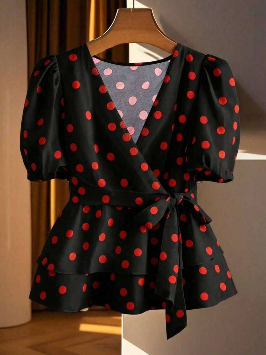 Franclia 女士休闲度假V领波点层叠荷叶边腰带衬衫 - 彩色 - 查看 1