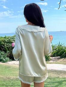 DAZY Satin Lace Trim Sailor Collar Women Pajama Set, Sweet & Glossy - Green - View 2