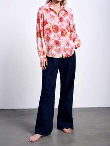 Maija 女士浪漫优雅花卉印花纽扣衬衫，情人节、节日适用