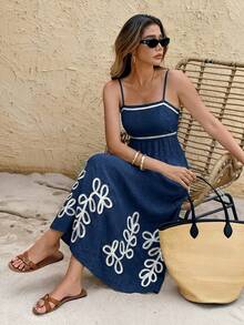SHEIN Frenchy Đầm slip nữ mùa hè kiểu dáng thường ngày, thêu họa tiết cây cỏ, thắt eo. - Màu xanh hải quân - Xem 3