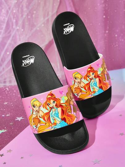 The Winx X SHEIN Stylish Cute Sweet Girl Cartoon PVC Ladies Plastic Slippers Black Suitable For Home Or Out