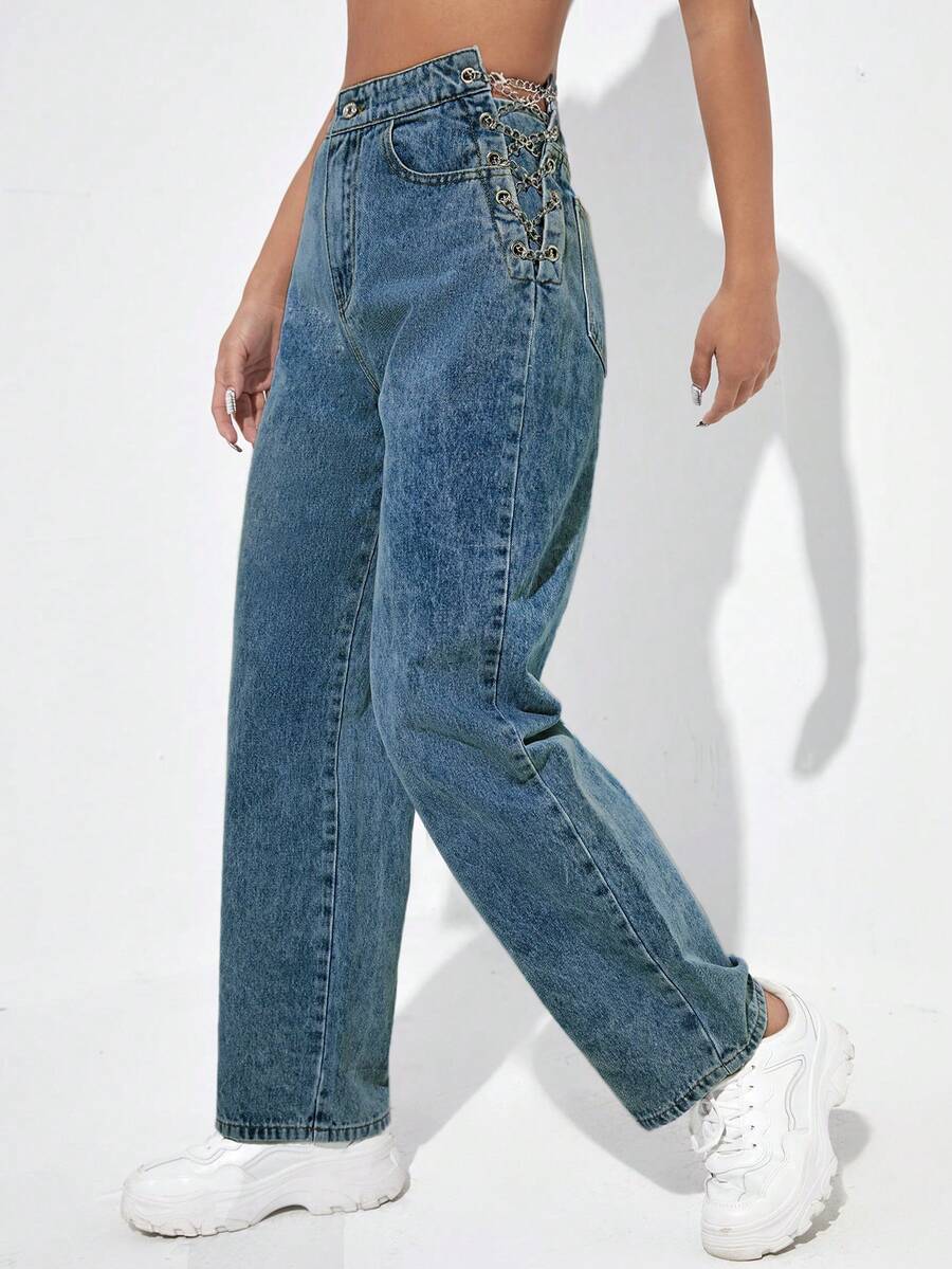 SHEIN Jeanoir Women's Casual Fashion Street Chic Daily Commute Side Chain Tie Loose Straight Leg Jeans - Royal Blue - View 1
