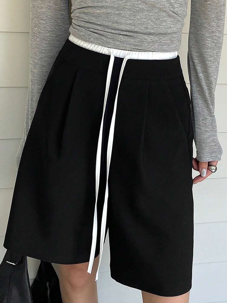 Color Block Lace-Up Straight Leg Bermuda Shorts, Casual Shorts For Women, Spring/Summer