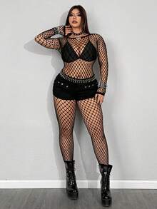 Whyspr Bộ jumpsuit dài tay khoét eo gợi cảm dành cho nữ cỡ lớn - màu đen - Xem 4