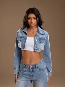 TRNVIE Women's Pocket Cropped Front Button Casual Long Sleeve Denim Jacket - Blue - View 3