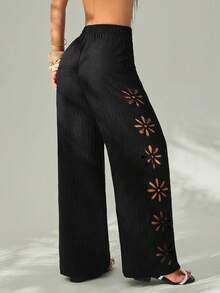 SHEIN PETITE Damen Urlaubs-Lässig einfarbige Hose mit Cut-Out-Muster, Winter Schwarz - Schwarz - Übersicht 2