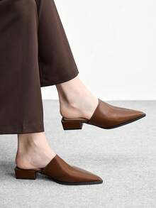 CUCCOO BIZCHIC Minimalist Women Mule Heels Smooth Finish Pointed Toe Low Block Heel Slip On Office Shoes - Brown - View 1