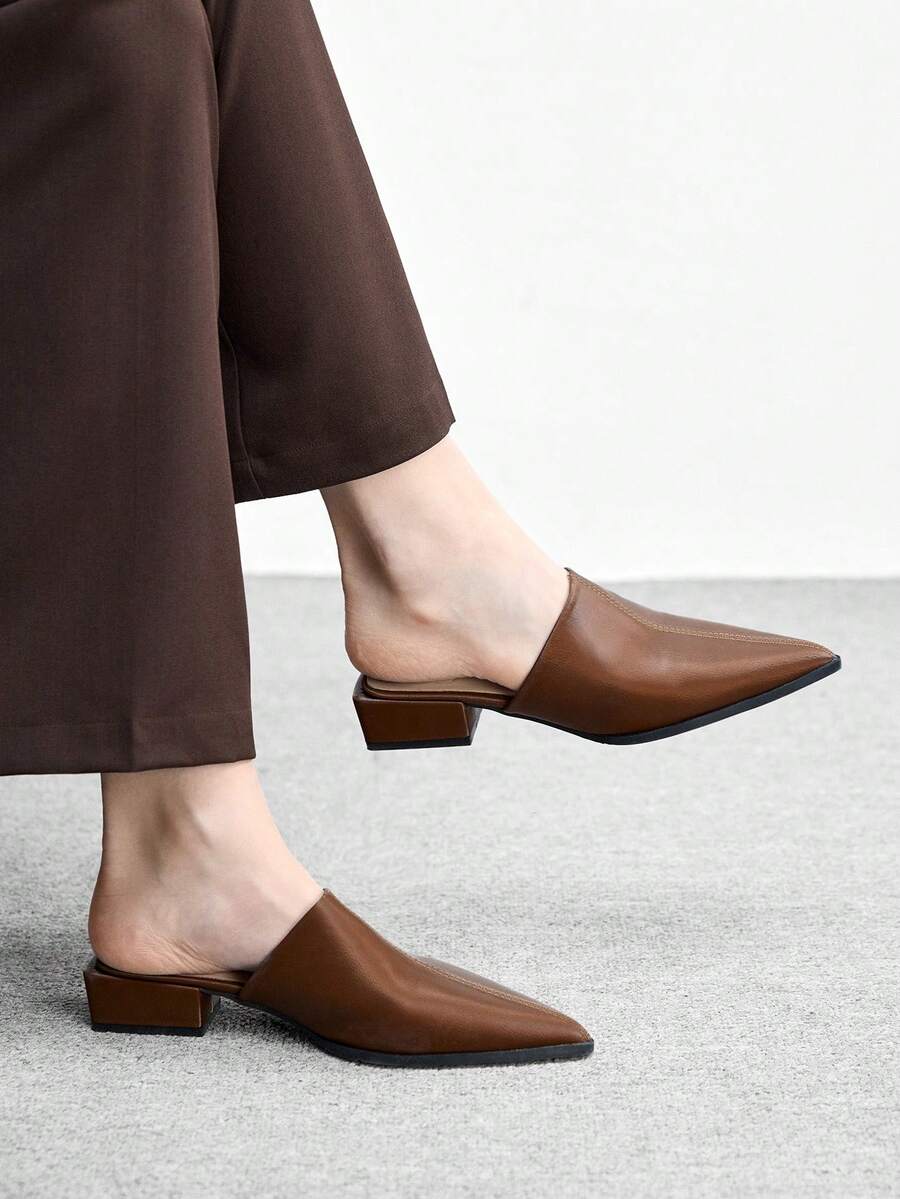 CUCCOO BIZCHIC Minimalist Women Mule Heels Smooth Finish Pointed Toe Low Block Heel Slip On Office Shoes - Brown - View 1