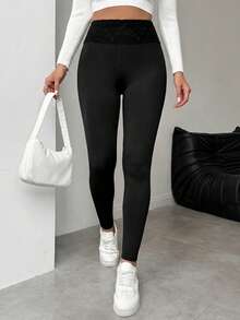 Isle Nomé Women's Casual Solid Color Lace Patchwork Leggings, Versatile For Spring - Black - View 4