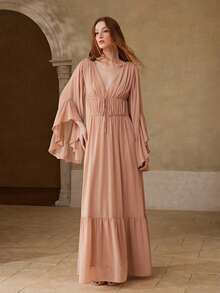 MOTF PREMIUM ROBE LONGUE ÉLÉGANTE POUR FEMMES AVEC DESIGN D'OURLET VOLANT, PRINTEMPS/ÉTÉ - Kaki - Voir 4