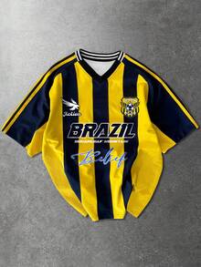 ROMWE MEN Street Life Men's Letter Striped V-Neck Short Sleeve Casual Loose T-Shirt - Multicolor - View 1