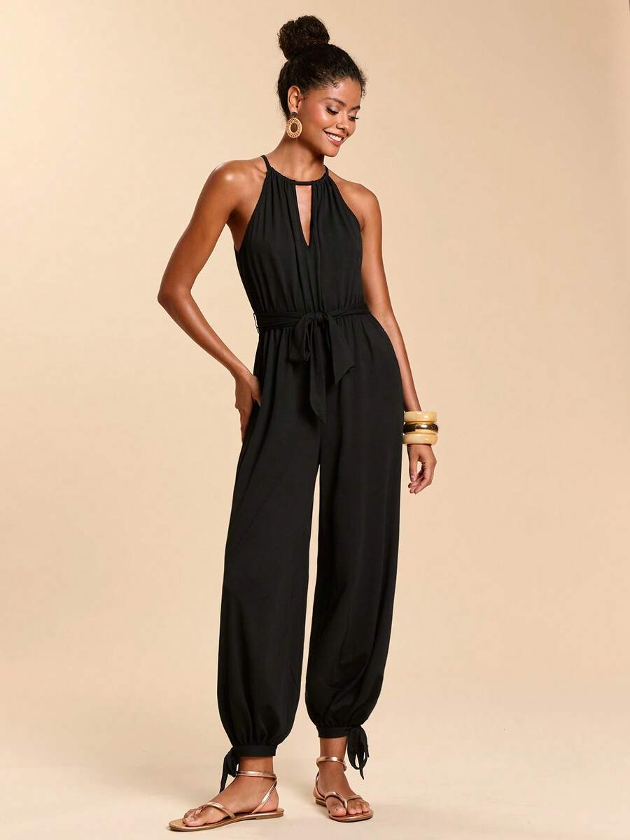 Travachic 女士纯色针织露肩连体裤，春夏款 - 黑色 - 查看 1