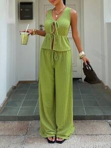 Muchica 浅绿色针织女式无袖系带上衣和修身裤套装 - 薄荷綠 - 查看 5