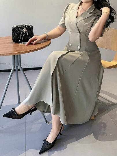 Dazy Plus Plus Size Women's Collared Double-Breasted Short Sleeve Casual Fitted Waist Shirt Dress, Business Casual Spring/Summer