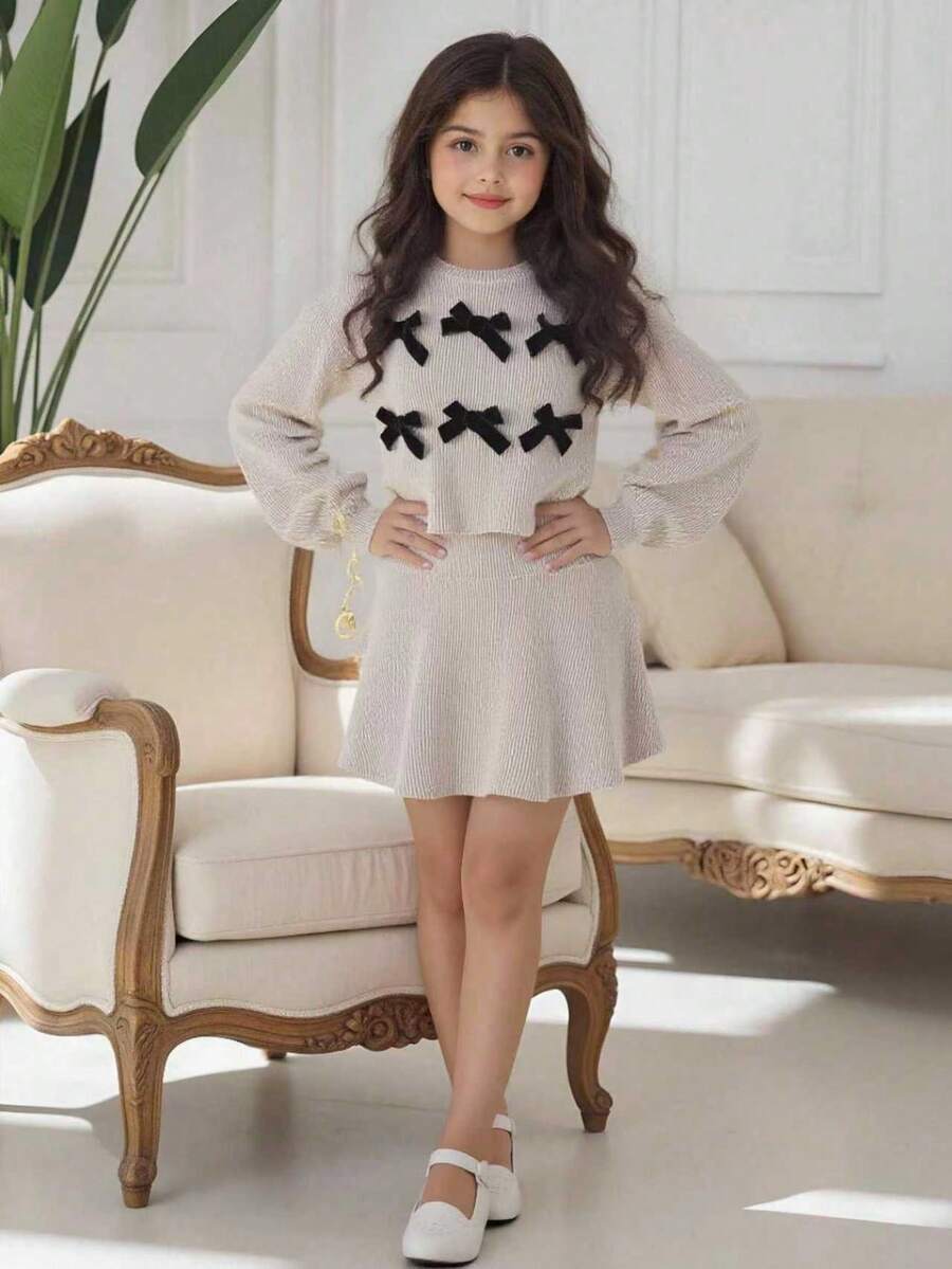 Tween Girl Pink Loose Puff Sleeve Top And Skirt Set, Fashionable For Back To School Wear In Autumn/Winter - Brown - View 1