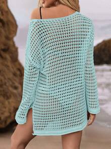 SHEIN Swim 夏季假日海滩休闲宽松针织罩衫镂空夏季毛衣 - 薄荷藍 - 查看 2