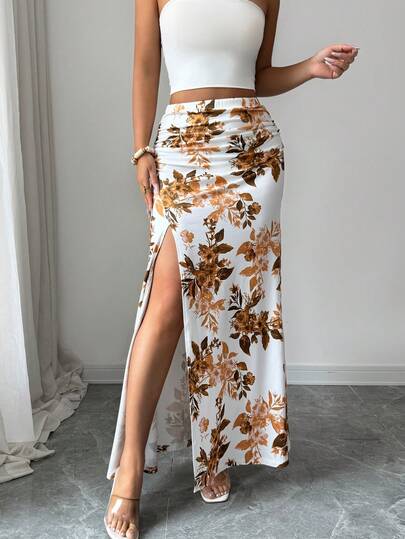 INAWLY Tropical Holiday Ditsy Floral Mermaid Skirt, Fitted Beach Travel Dress, Yellow Ditsy Floral Pleated Ditsy Floral Skirt, Elegant Fitted Skirt Stretchy Fitted Bodycon Slit Skirt, Elegant Sexy Commute Occasion Skirt Chic Ink Painting Print A-Line Skirt