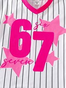 SHEIN Kids' 67 Number & Alphabet Print T-Shirt & Skirt 2-Piece Set - Cute 67th Party Outfit, Boys & Girls Short Sleeve Round Neck Top And Skirt, Casual Daily Fashion Streetwear - Hot Pink - View 7