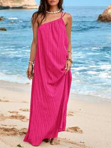 SHEIN VCAY 纯色不对称领口休闲无袖纹理连衣裙