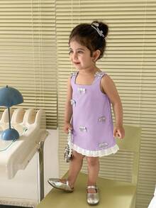 Cute & Elegant Baby Girl Summer Dress,White Colorblock Bow Tie Decor Purple Lavender Lilac Birthday Dress,Spaghetti Strap Birthday Outfit For Baby - Purple - View 4