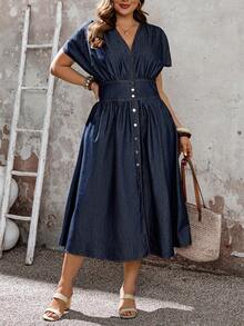 EMERY ROSE Plus Size Summer Casual Washed Pleated Front Button Down Denim Dress,Summer,Valentine's Day, - Blue - View 3