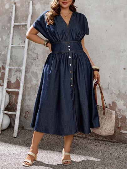 EMERY ROSE Plus Size Summer Casual Washed Pleated Front Button Down Denim Dress