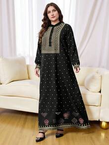 SHEIN Najma 大码女式几何波点复古印花优雅纽扣领长袖连衣裙，春秋季 - 彩色 - 查看 3