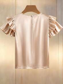 SHEIN Franclia Camiseta de manga corta con cuello de volantes y decoración de perlas, de tela brillante, elegante para mujeres, adecuada para salidas y citas de primavera/otoño - Champán - Ver 2