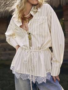 WanderVale Women's Lace Tie-Waist Casual Shirt, Early Spring Relaxed Style - Apricot - View 1