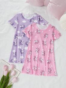 2pcs/Set Girls Cartoon Print Knit Short Sleeve Nightgown Pajamas, Spring/Summer - Multicolor - View 1